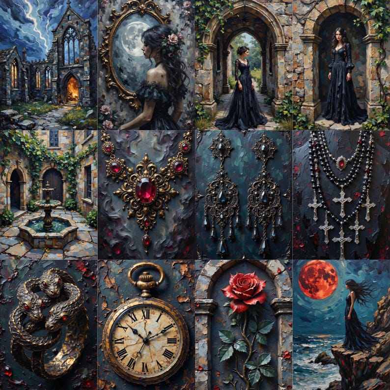 May include: A collection of twelve gothic-themed images featuring a stone ruin, a person in a black dress, a stone fountain, a gold necklace with red gems, ornate black earrings, a cross necklace, a snake ring, a pocket watch, and a red rose.