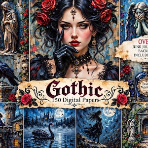 May include: A digital collection of 150 Gothic digital papers featuring a central portrait of a person with dark hair and red roses, surrounded by scenes of stone statues, a black raven, a castle, a black swan, and a bottle labeled Deadly Nightshade.