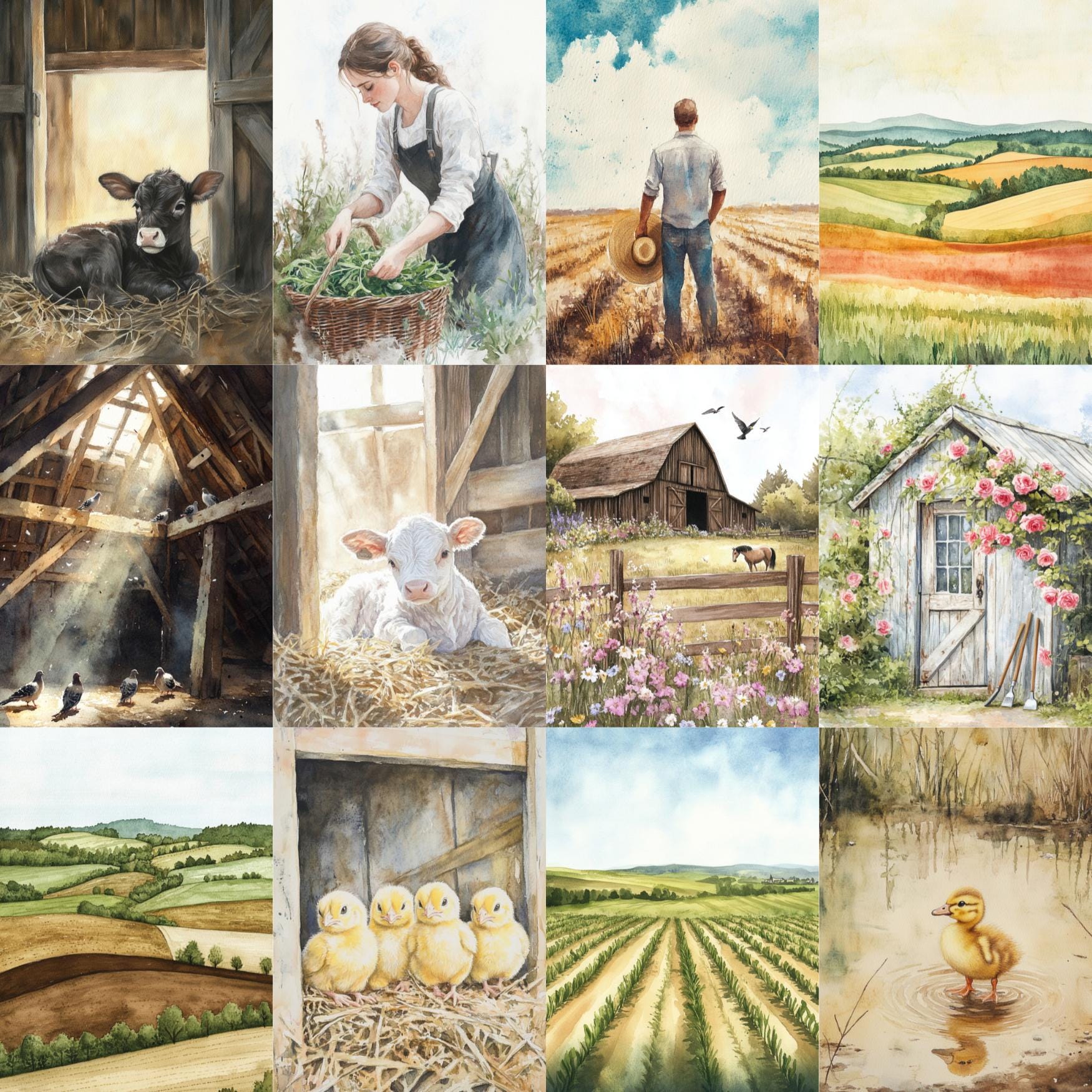 Spring Farm Art Digital Paper Kit, Farm Animals Art, Cottage Farm Junk ...