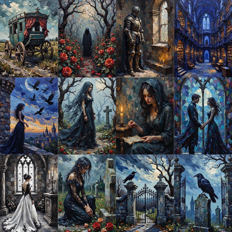 May include: A collage of twelve gothic-themed illustrations featuring a horse-drawn carriage, a cloaked figure in a rose garden, a knight in armor, a library, a person with ravens, a figure in a graveyard, a person reading, and a couple.