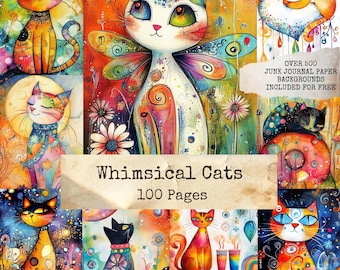 Whimsical Cats Digital Images for Junk Journal Pages, Cat Decoupage Papers, Printable Cat Art, Scrapbooking, Digital Download