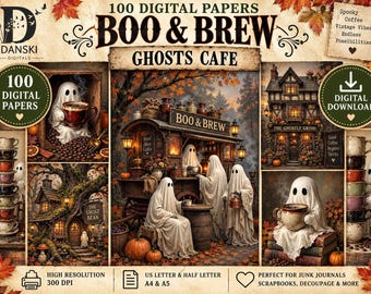 Ghost Coffee Digital Papers, Spooky Autumn Halloween Printable Craft Papers, Digital Download