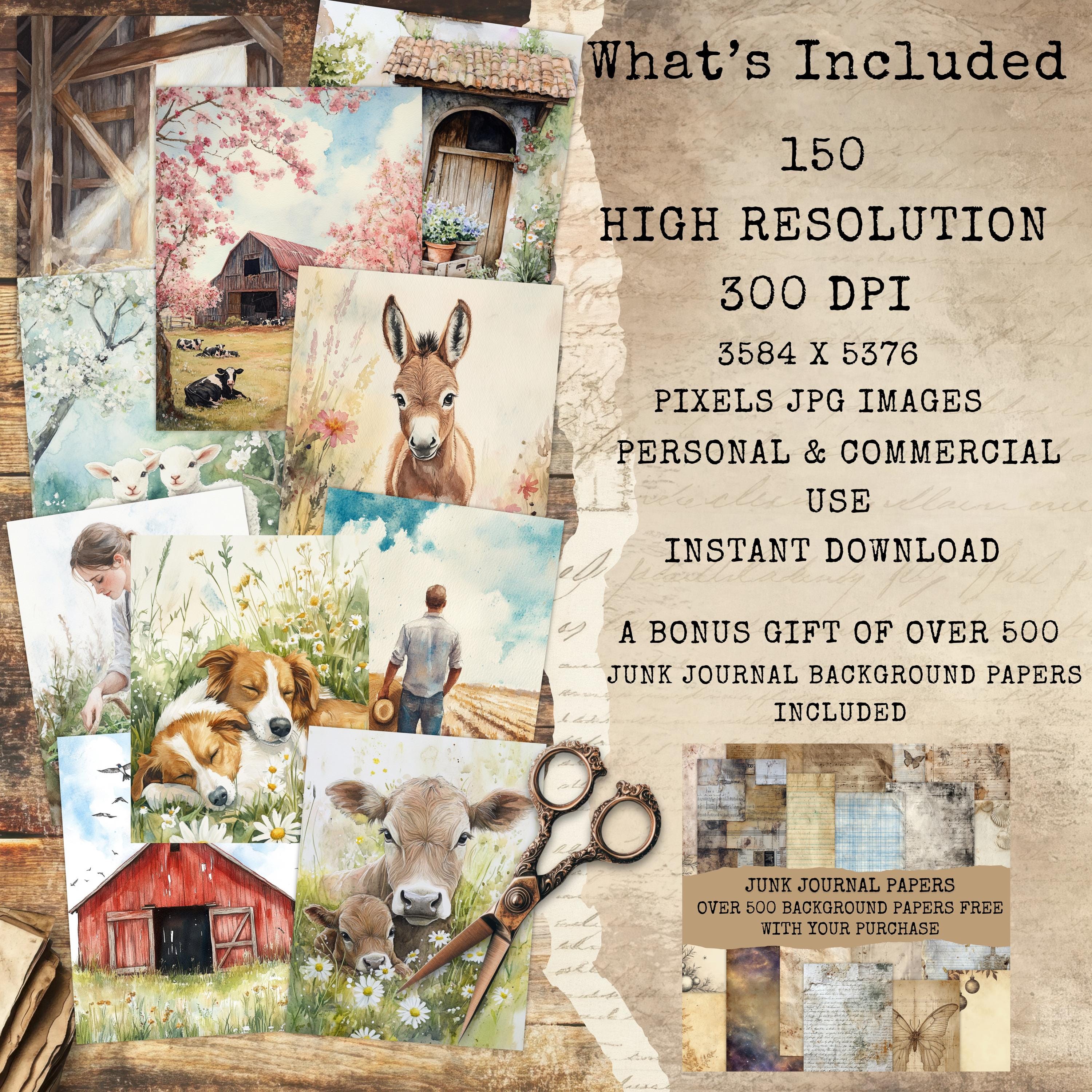 Spring Farm Art Digital Paper Kit, Farm Animals Art, Cottage Farm Junk ...