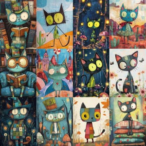 May include: A collection of whimsical cat illustrations. Each cat is uniquely designed with vibrant colors and patterns, some reading books, others in fantastical settings with mushrooms and flowers. The artwork has a storybook feel.