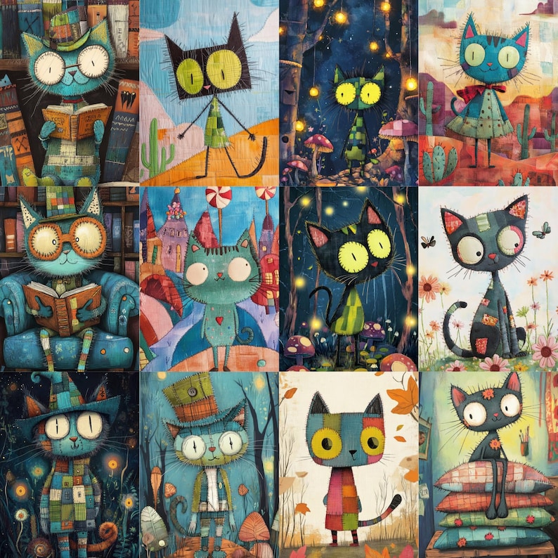 May include: A collection of whimsical cat illustrations. Each cat is uniquely designed with vibrant colors and patterns, some reading books, others in fantastical settings with mushrooms and flowers. The artwork has a storybook feel.