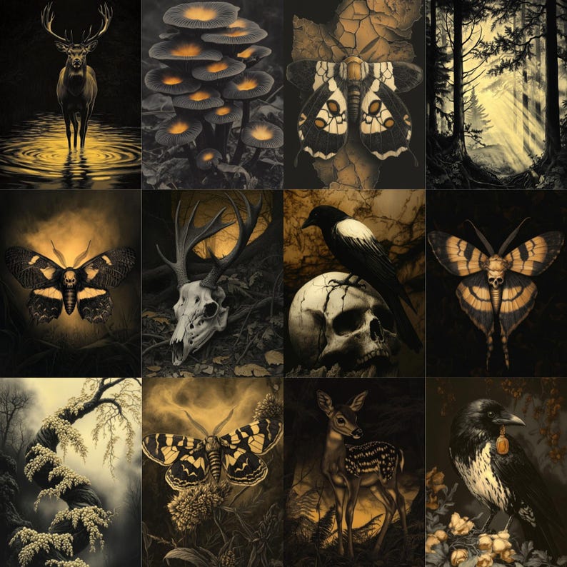 May include: A collection of twelve dark, gothic-themed art prints. The images feature a deer in water, mushrooms, moths, a forest scene, a deer skull, a raven on a skull, a deer, and a crow. The color palette is primarily black, white, and gold.