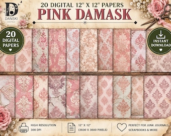 Pink Damask Digital Papers,  Vintage Shabby Chic Scrapbook Papers, Printable Backgrounds, Junk Journal Paper, Decoupage, Digital Download