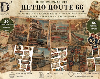 Route 66 Junk Journal Kit, Route 66 Printable, Vintage Americana Ephemera, Road Trip, Urlaub der 1950er Jahre, Scrapbook-Elemente, digitaler Download
