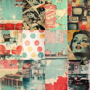 Puede incluir: Un collage de im&aacute;genes vintage con una est&eacute;tica retro. La obra de arte presenta una mezcla de elementos, incluyendo un retrato de mujer, lunares, escenas de cocina y un restaurante. La paleta de colores incluye turquesa, rojo, rosa y amarillo, con una apariencia envejecida y desgastada.