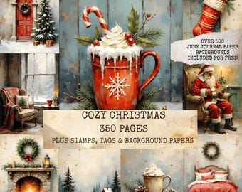 Cozy Christmas Junk Journal Kit, Christmas Papers, Printable Ephemera, Digital Scrapbook Supplies, Holiday Crafting, Winter Journal Pages