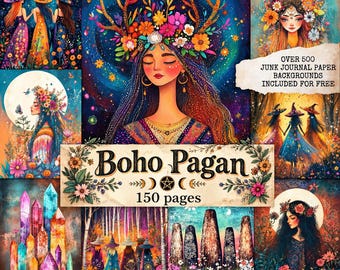 Boho Pagan Junk Journal Pages, Boho Witch Printable, Mystic Moon Backgrounds, Celestial Collage Sheet, Grimoire, Digital Scrapbook Paper
