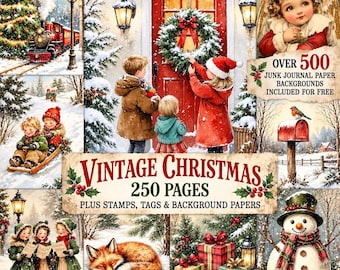 Vintage Christmas Junk Journal Kit with High Quality Printables, Digital Scrapbook Supplies, and Bonus Stamp, Tag Clip Art Images