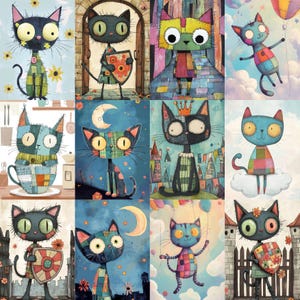 May include: A collection of whimsical cat illustrations. Each cat is uniquely designed with patchwork patterns, vibrant colors, and expressive eyes. Some cats hold shields, wear crowns, or float with balloons, set against various backgrounds.