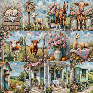 May include: A collage of pastoral scenes featuring farm animals, flowers, and rustic elements. The images include lambs, cows, a horse-drawn cart, a llama, and a farmhouse, all set against a backdrop of blue skies and floral arrangements. The word "FARM" is visible.