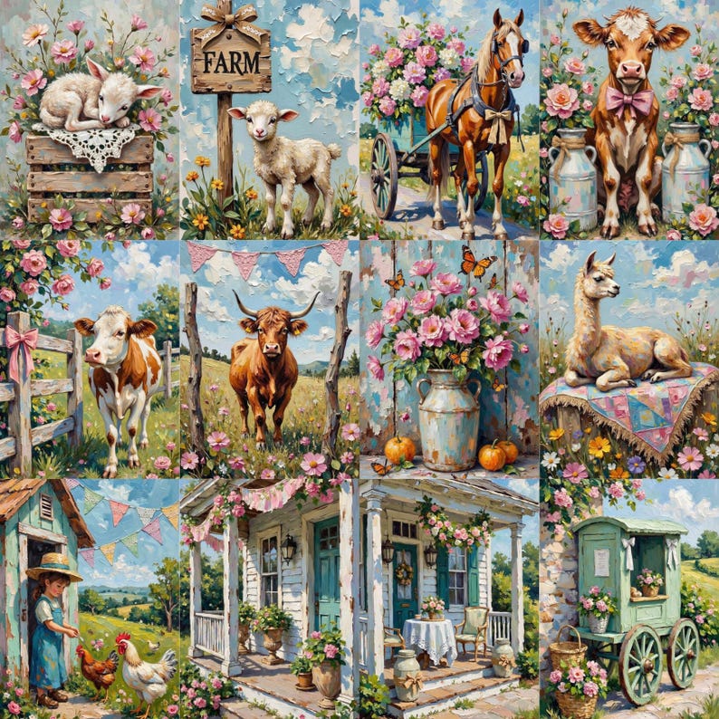 May include: A collage of pastoral scenes featuring farm animals, flowers, and rustic elements. The images include lambs, cows, a horse-drawn cart, a llama, and a farmhouse, all set against a backdrop of blue skies and floral arrangements. The word "FARM" is visible.