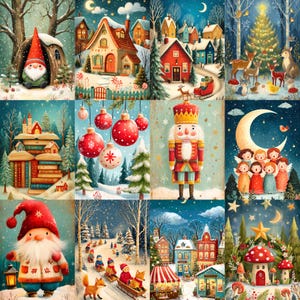 May include: A collage of twelve festive illustrations featuring a gnome in a tree hollow, snowy village houses, a decorated Christmas tree with deer, a stack of books, red ornaments, a nutcracker, singing angels, a gnome with a lantern, children sledding, a winter market, and a mushroom house.