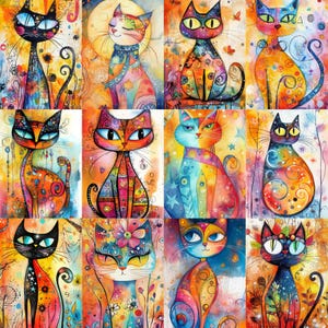 May include: A selection of colourful cat artworks. Each cat features unique designs with vibrant patterns and colours, including orange, blue, and green. The artwork has a whimsical, artistic style, with each cat's features and details distinct.