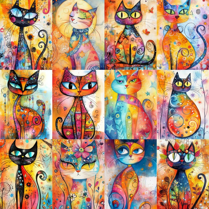May include: A selection of colourful cat artworks. Each cat features unique designs with vibrant patterns and colours, including orange, blue, and green. The artwork has a whimsical, artistic style, with each cat's features and details distinct.