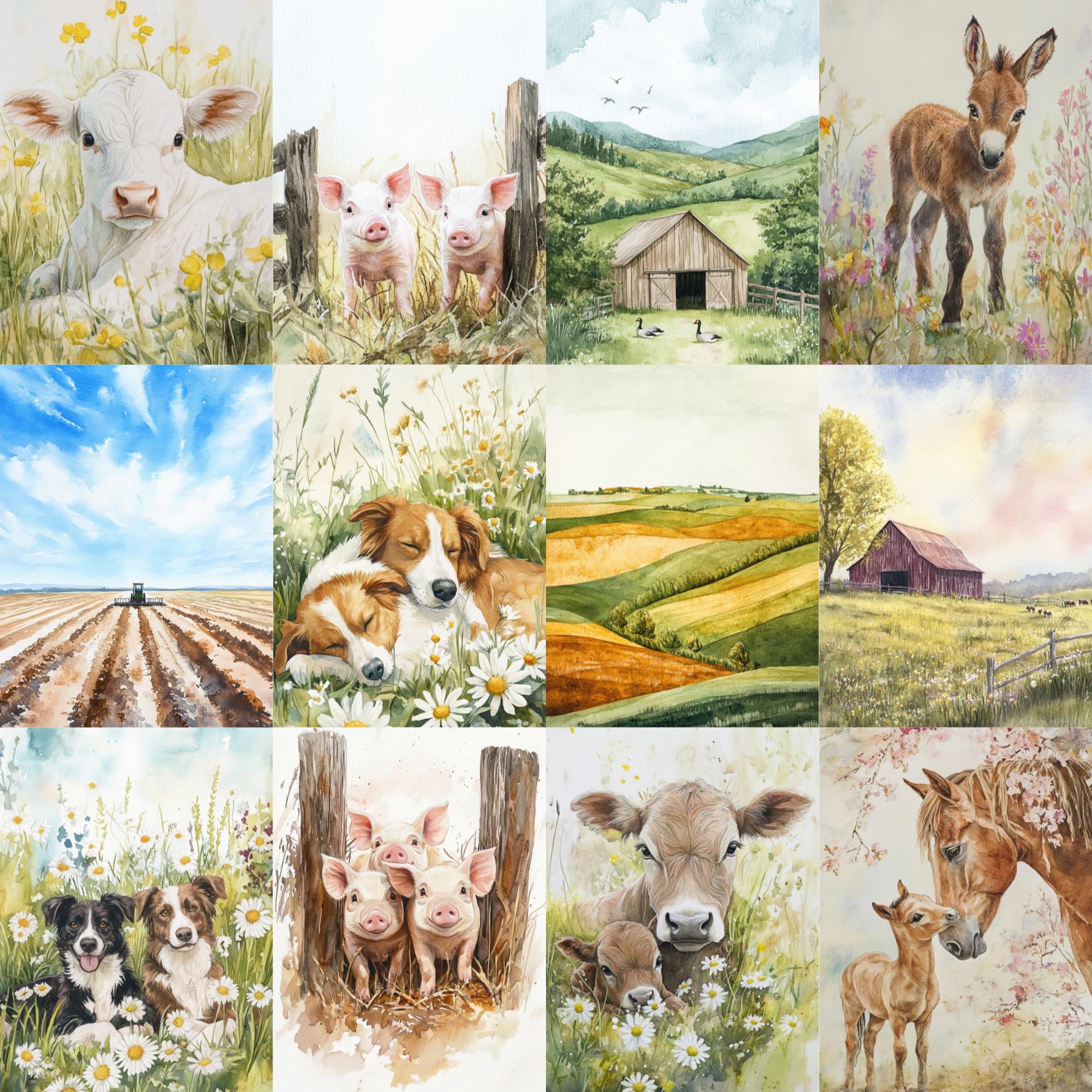 Spring Farm Art Digital Paper Kit, Farm Animals Art, Cottage Farm Junk ...