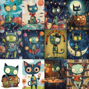 May include: A collection of whimsical cat illustrations in various settings. Each cat has a unique design, with vibrant colors and patterns. Some cats are in space suits, on moons, or playing chess. The artwork has a storybook feel, with a focus on fantasy and imagination.