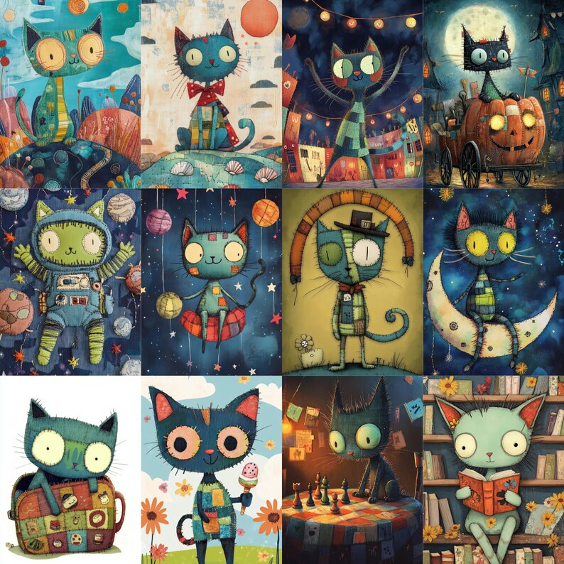 May include: A collection of whimsical cat illustrations in various settings. Each cat has a unique design, with vibrant colors and patterns. Some cats are in space suits, on moons, or playing chess. The artwork has a storybook feel, with a focus on fantasy and imagination.