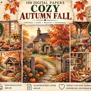 以下が含まれることがあります： 100 DIGITAL PAPERS COZY AUTUMN FALLというタイトルのデジタルコレクション。石造りのコテージ、秋の紅葉、カボチャ、素朴なインテリアなどの様々なシーンが描かれています。セットにはダウンロード用の高解像度画像が含まれています。