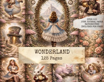 Alice im Wunderland Junk Journal Kit, Wunderland Ephemera, Shabby Chic Journal Seiten, druckbare Scrapbook Papiere, digitaler Download
