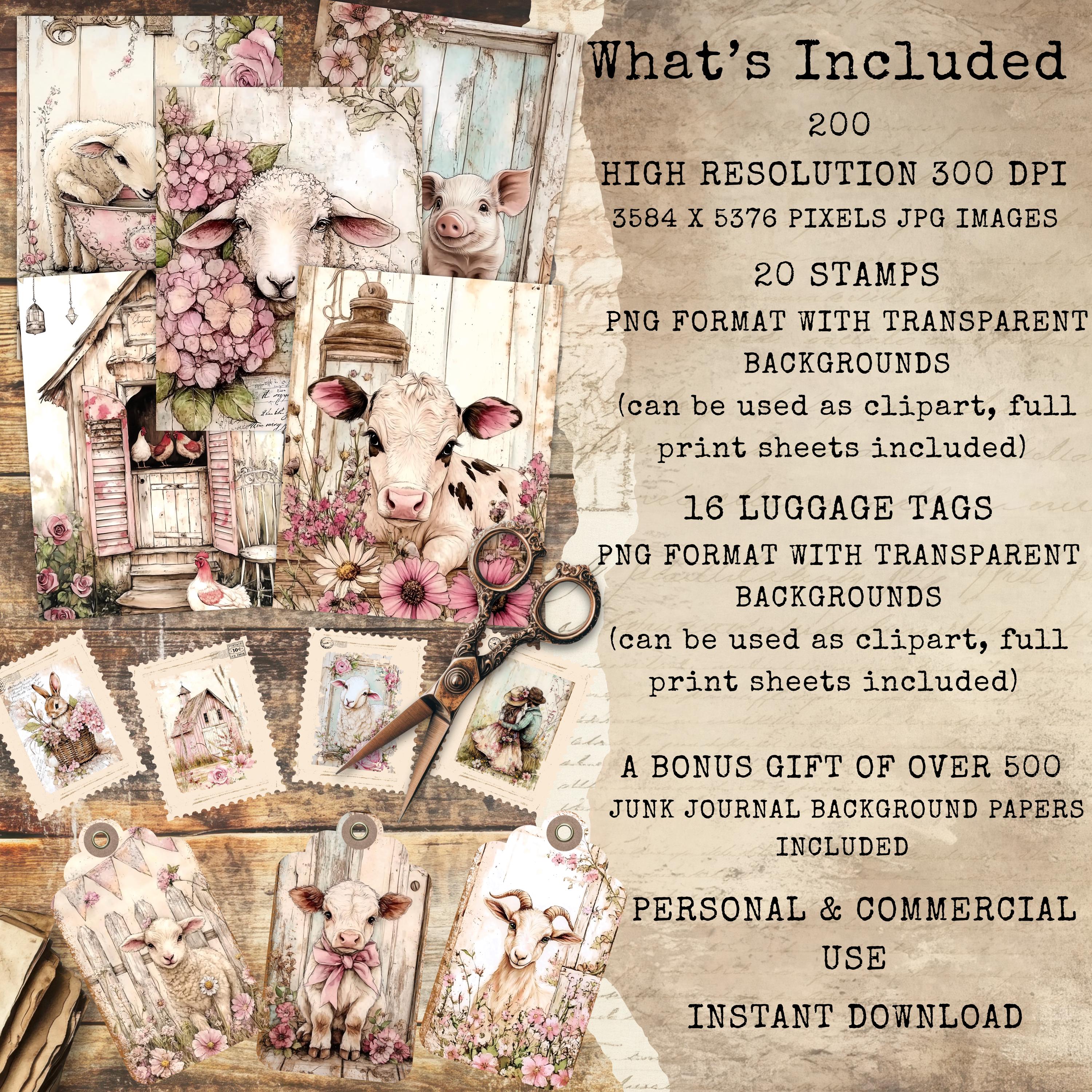 Shabby Chic Farm Junk Journal Pages, Floral Junk Journal Pages, Pastel ...