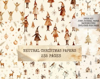Neutral Christmas Junk Journal Papers with High Quality Printables, Digital Scrapbook Supplies, Beige Christmas