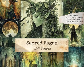 Sacred Pagan Junk Journal Pages, Green Witch Printable, Mystic Moon Backgrounds, Celestial Collage Sheet, Grimoire, Digital Scrapbook Paper