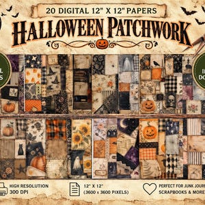 May include: A collection of 20 digital 12 inch by 12 inch papers titled Halloween Patchwork. The designs feature a variety of patchwork patterns including pumpkins, ghosts, skulls, sunflowers, bats, and black cats in orange, black, and cream.