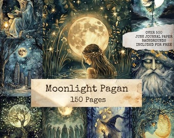 Moonlight Pagan Junk Journal Seiten, Hexe zum Ausdrucken, mystische Mond Hintergründe, himmlische Collage Sheet, Grimoire, digitales Scrapbook Papier