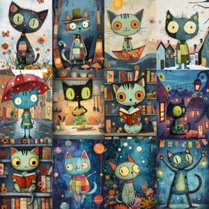 May include: A collection of whimsical cat illustrations in various settings. Each cat is uniquely designed with different colors, patterns, and accessories. The artwork features vibrant colors, detailed backgrounds, and a playful, storybook style.