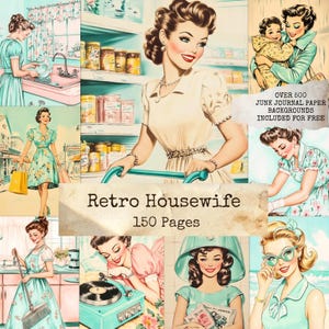 May include: A collection of retro illustrations depicting women in various domestic settings. The images show scenes of shopping, cleaning, and a mother with a child. The text "Retro Housewife" and "150 Pages" are displayed.