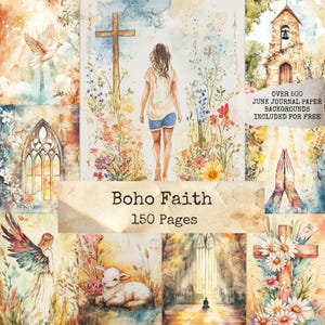 Può includere: Un collage di arte digitale con il tema Boho Faith. L'opera presenta una donna che cammina verso una croce, circondata da fiori, una colomba e una chiesa. Il testo include "Boho Faith" e "150 Pagine".