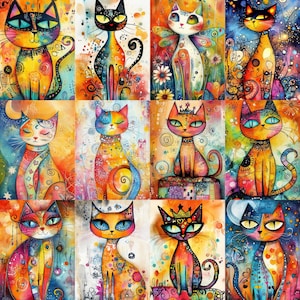 May include: A set of twelve vibrant cat portraits in a whimsical style. Each cat is depicted with unique patterns and bright colours, including orange, blue, yellow, and purple. The artwork has a watercolour effect, with each cat set against a different background.
