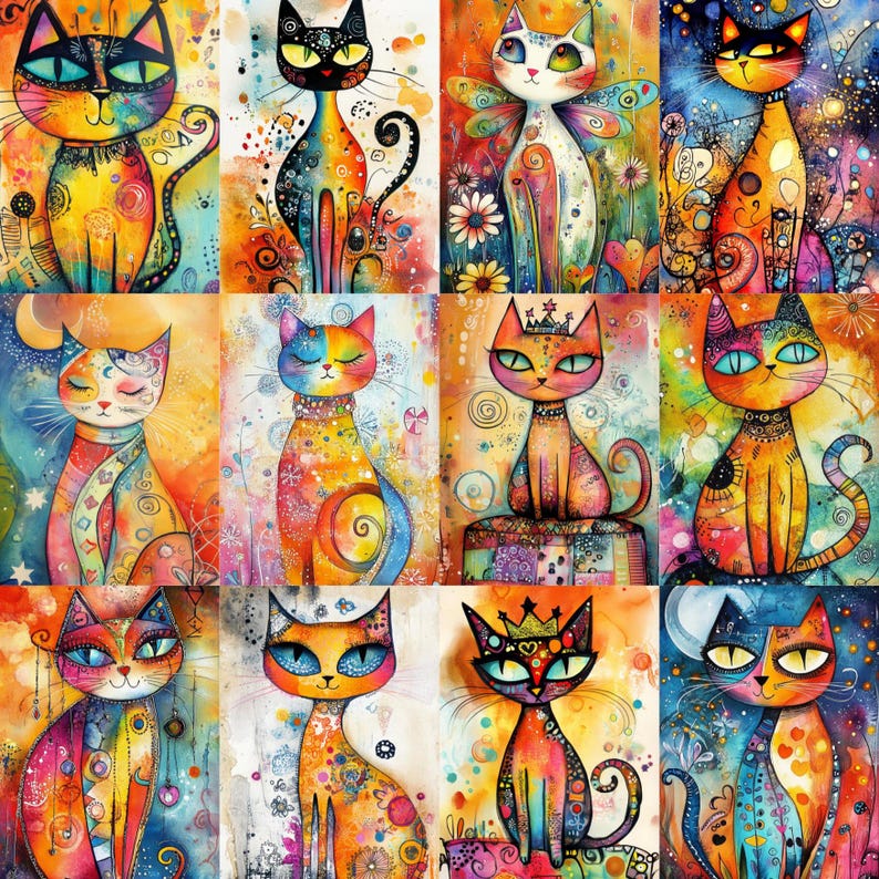 May include: A set of twelve vibrant cat portraits in a whimsical style. Each cat is depicted with unique patterns and bright colours, including orange, blue, yellow, and purple. The artwork has a watercolour effect, with each cat set against a different background.