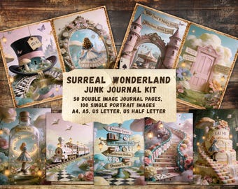 Alice in Wonderland Junk Journal Kit, Surreal Alice Printable Pages, Shabby Chic Wonderland JPG A4 US Letter, Digital Download