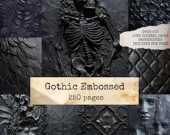 Gothic Embossed Junk Journal Pages, Dark Victorian Gothic, Skull Black Backgrounds, Scrapbooking, Decoupage, Instant Digital Downloads