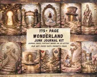 Shabby Chic Alice Wonderland Junk Journal Kit, Vintage Floral Papers, Ephemera, Clipart, Printable Journal Pages, Scrapbook Kit