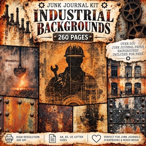 Peut inclure: Un kit de junk journal intitulé Industrial Backgrounds comprenant 260 pages de textures de métal rouillé, silhouettes d'usines et motifs d'engrenages. Le kit inclut plus de 500 fonds de papier, haute résolution 300 DPI, formats A4, A5 et US.