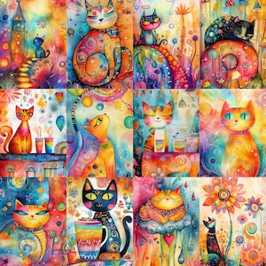 May include: A colourful artwork showing 12 whimsical cat illustrations in a grid. Each cat has a unique pose and design, with bright colours and patterns. The artwork has a dreamlike, artistic style, ideal for cat lovers.