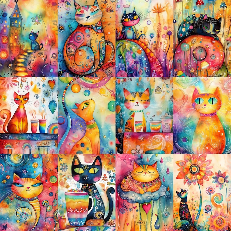 May include: A colourful artwork showing 12 whimsical cat illustrations in a grid. Each cat has a unique pose and design, with bright colours and patterns. The artwork has a dreamlike, artistic style, ideal for cat lovers.