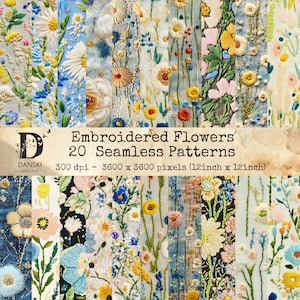 May include: A collection of 20 seamless patterns featuring embroidered flowers in various colors. The patterns include detailed floral designs with a variety of flowers, leaves, and stems. The image text reads: Embroidered Flowers, 20 Seamless Patterns, 3600 x 3600 pixels (12inch x 12inch).