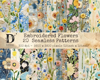 Embroidered Flowers Seamless Pattern, Floral Digital Paper, Flower Paper, Junk Journals, Decoupage, Scrapbook, Digital Download