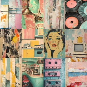 Puede incluir: Un collage de im&aacute;genes de estilo vintage con una est&eacute;tica desgastada. Incluye un refrigerador retro, pintura descascarada, letreros vintage, discos de vinilo, un retrato pop art, una cocina, un restaurante y cintas de cassette. La paleta de colores es pastel.