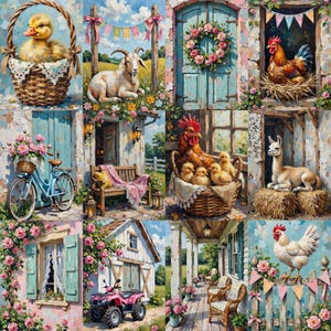 May include: A collage of nine colorful paintings depicting farm life. Scenes include a duckling in a basket, a goat, a rooster, a bicycle, a bench, a hen with chicks, a llama, a pink ATV, and a white chicken. Each scene is framed with flowers.