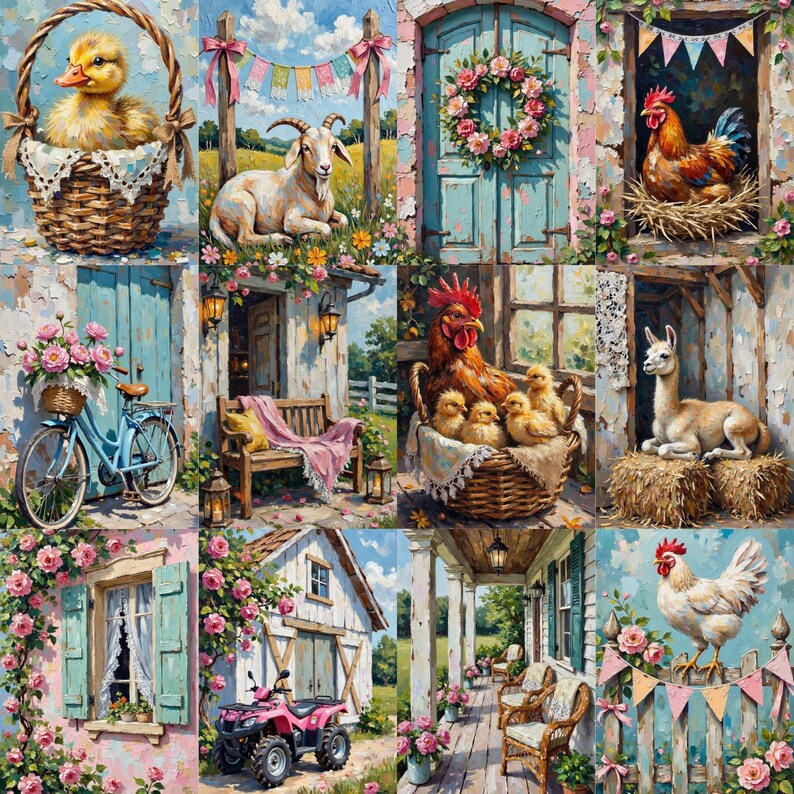 May include: A collage of nine colorful paintings depicting farm life. Scenes include a duckling in a basket, a goat, a rooster, a bicycle, a bench, a hen with chicks, a llama, a pink ATV, and a white chicken. Each scene is framed with flowers.