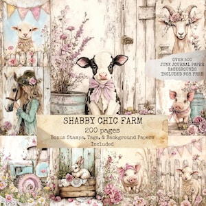 May include: A collage of illustrations with a rustic, farmhouse theme. It features a calf with a pink bow, a pig with a pink bow, a lamb, a goat with floral crown, a woman with a horse, and a bunny. Text reads "Shabby Chic Farm" and "200 pages."