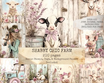 Shabby Chic Farm Junk Journal Pages, Floral Junk Journal Pages, Pastel, Bird, Rose Digital Papers, Printable Ephemera, Digital Download